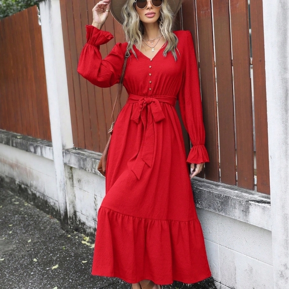 Clasi Flounce Sleeve Ruffle Hem Belted Dress